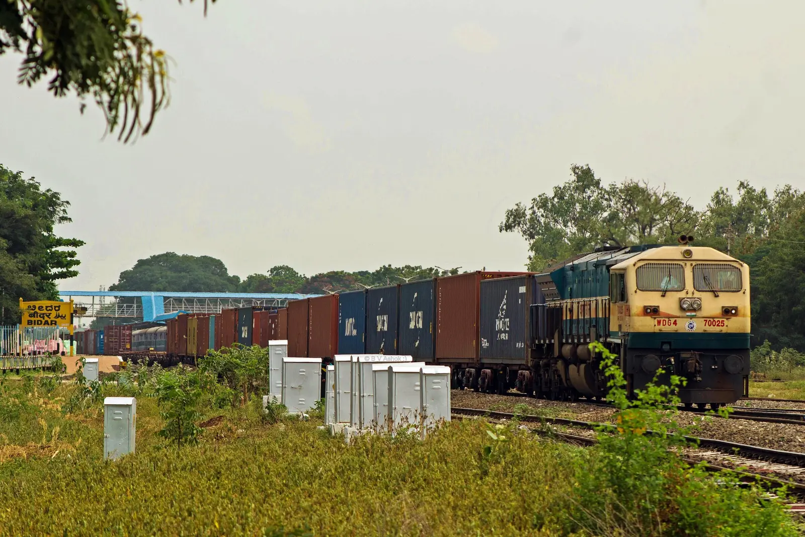 A diesel locomotive hauls a long rake of CONCOR containers through green countryside