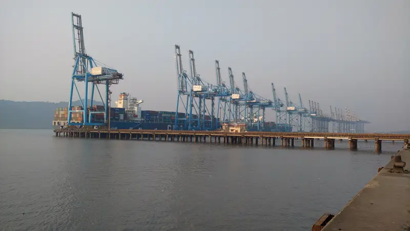A row of blue ship-to-shore cranes along the quay at JNPA