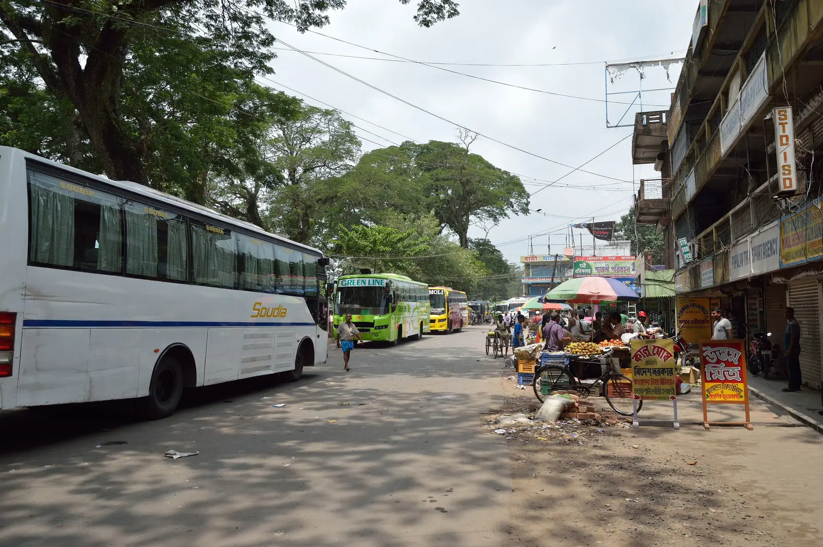 Trucks and buses on Jessore Road at the Petrapole land port on the India–Bangladesh border