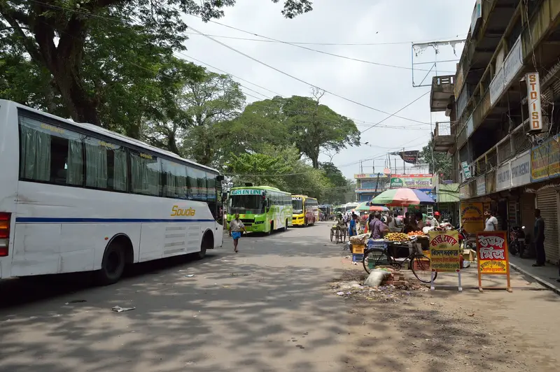Trucks and buses on Jessore Road at the Petrapole border crossing