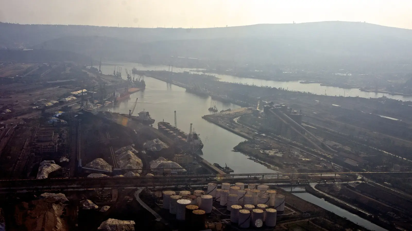 Aerial view of the docks and channels of Visakhapatnam Port